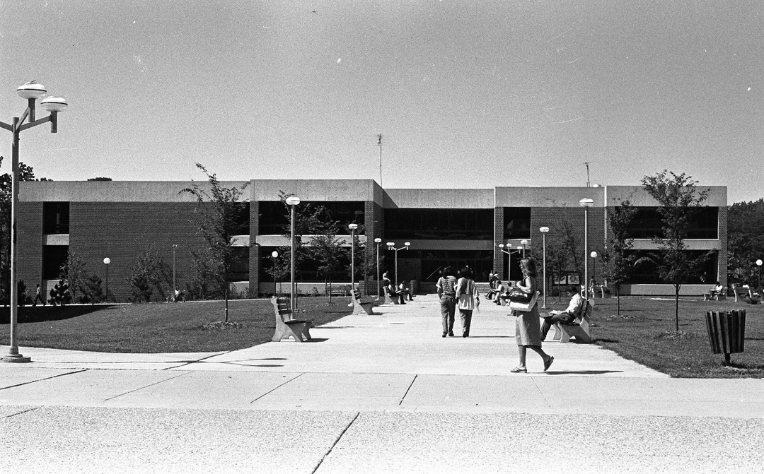 Students in the plaza in front of the Student Union Building